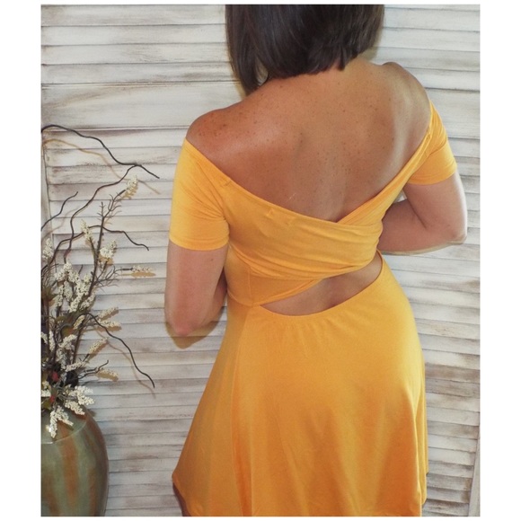 Off Shoulder Cross Back A-Line Dress Yellow S/M/L - Picture 5 of 6